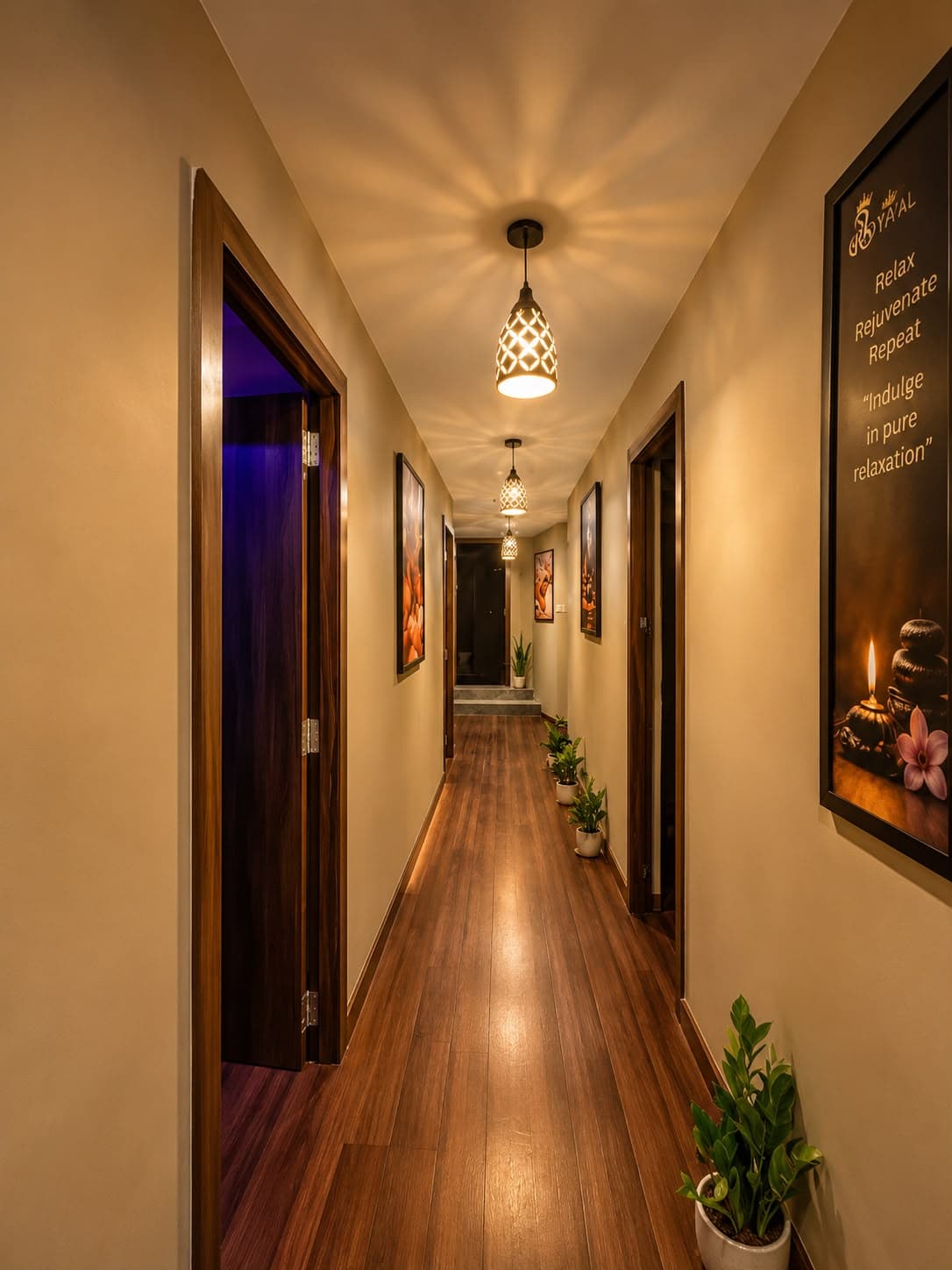 Corridor with patterned pendant lights, wooden flooring, potted plants and a framed Royal Refresh poster reading Relax, Rejuvenate, Repeat