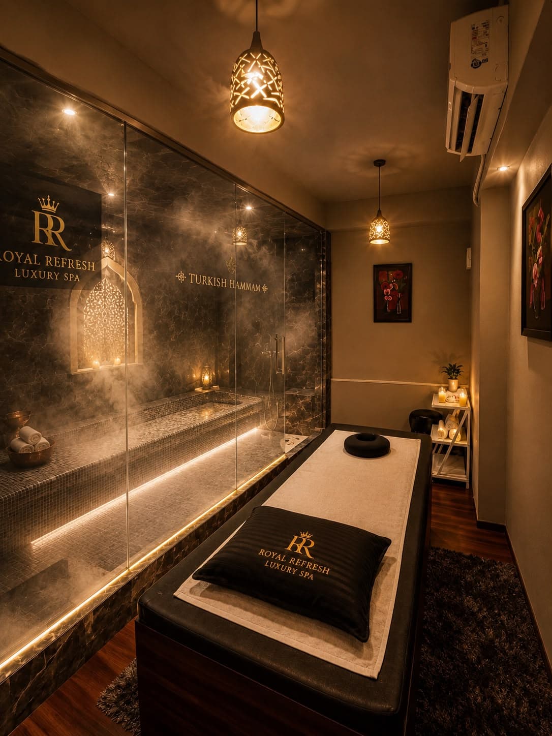 Turkish Hammam room with a glass-enclosed, steam-filled marble bath, a lantern-lit arched niche and a bed with a Royal Refresh pillow